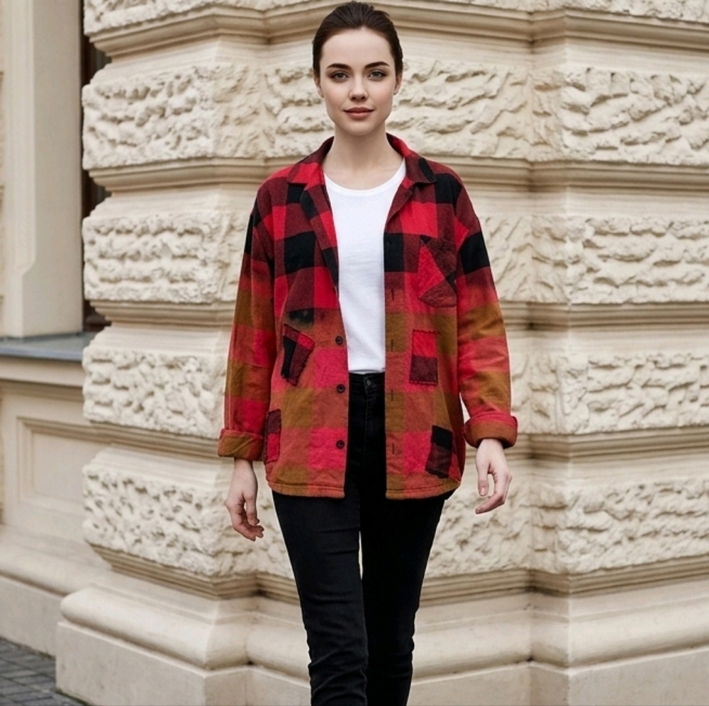 OOAK DURAN DURAN FRINGED PATCHWORK FLANNEL SM-1X - Picture 2 of 5